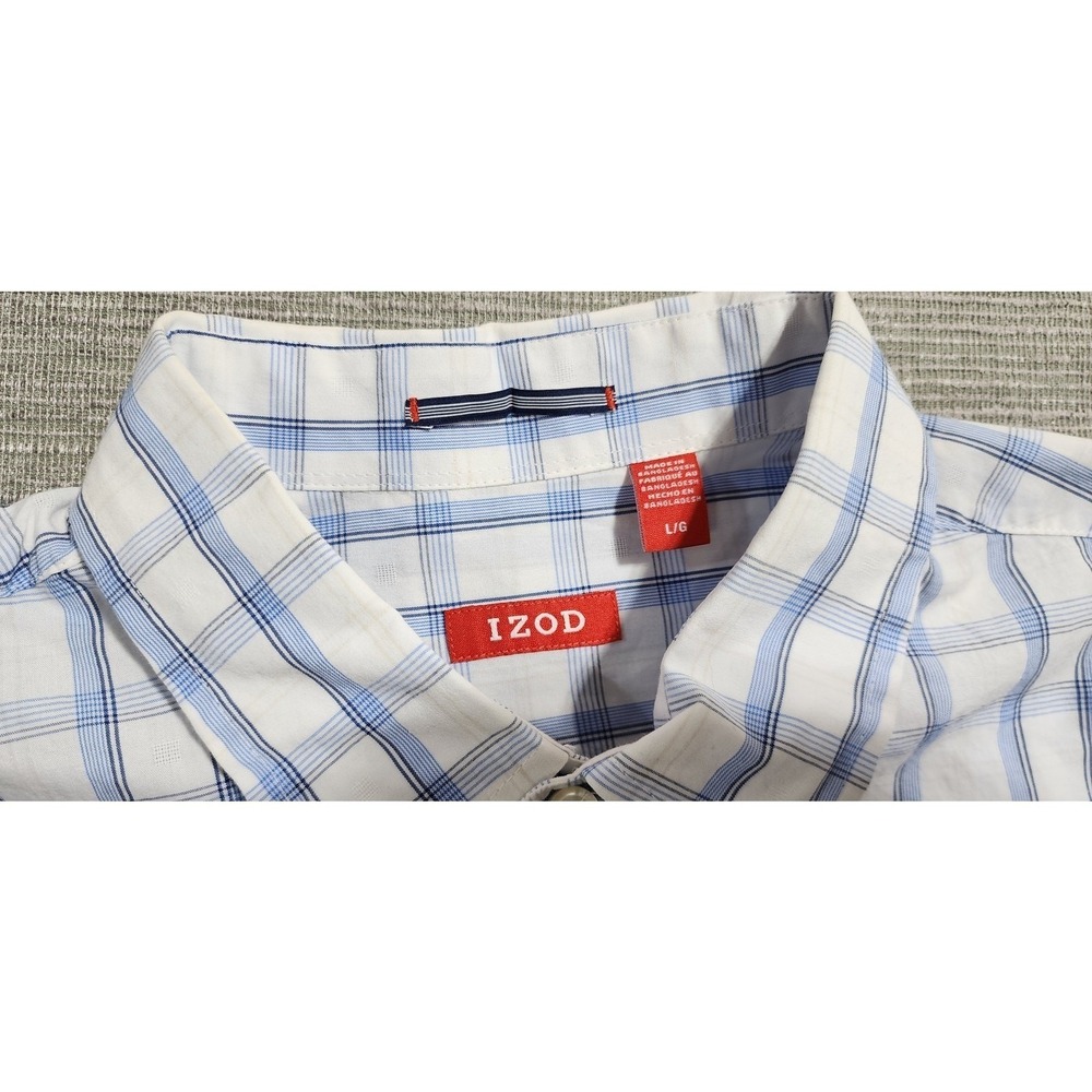 IZOD White Blue Plaid Button Down Shirt Long Sleeve Cotton Size L NWT